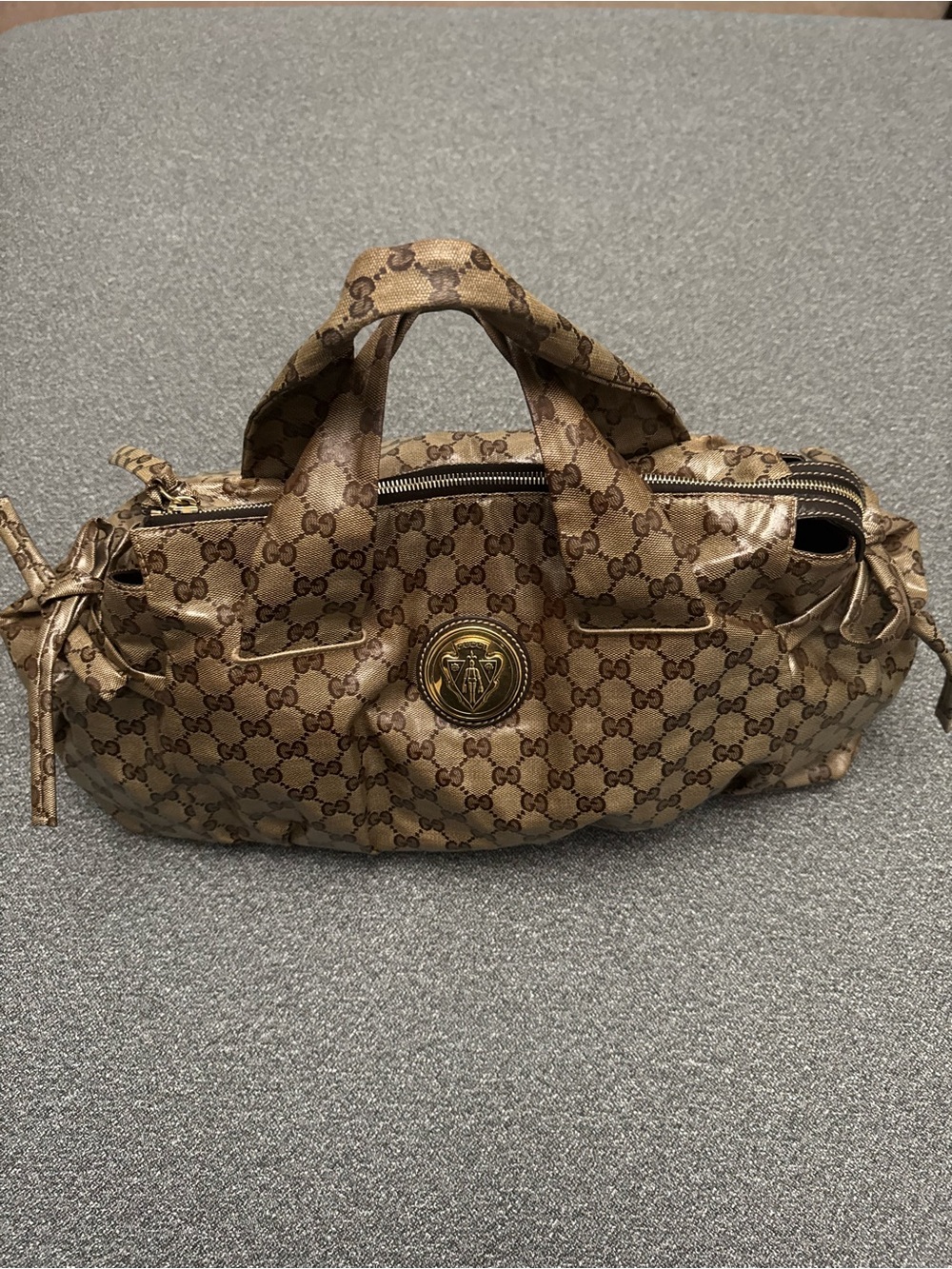 Gucci Beige Brown Monogram Shoulder Bag with Gold Medallion
